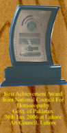 Best achievement award National Council for Homeopathy, Govt. of Pakistan.