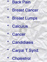 Back Pain; Breast Cancer; Breast lumps; Calculus; Cancer; Candidiasis; Carpal T Syndrome; Cholestrol