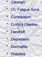 Cataract; Chronic fatigue syndrome; Constipation; Crohn's Disease; Dandruff; Depression; Dermatitis; Diabetes