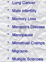 Lung Cancer; Male infertility; Memory loss; Meniere's Disease; Menopause; Menstrual cramps; Migraine; Multiple Sclerosis